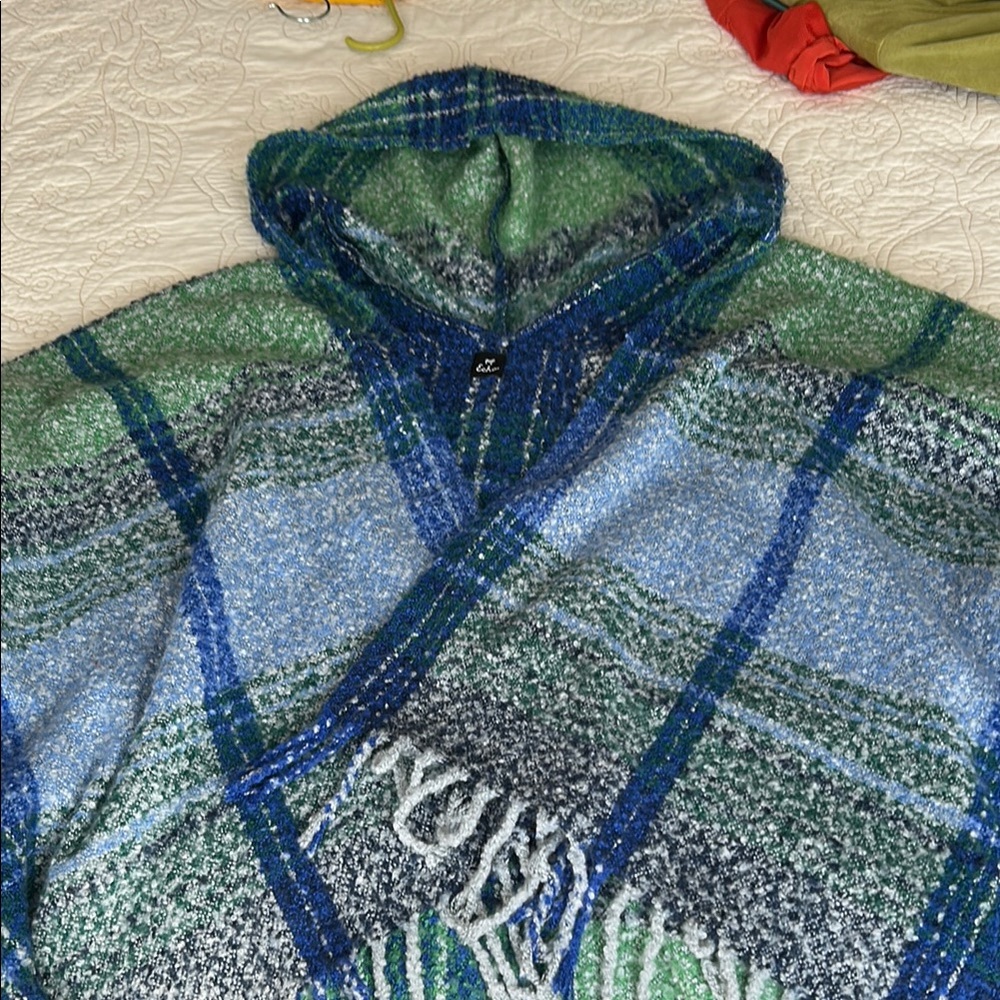 Women’s Green and Blue Plaid Hooded Cape